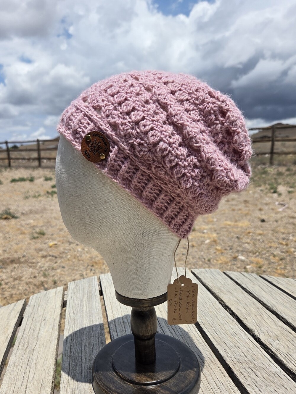 Artisan Handmade Crochet Virgin Wool Blend "Powder Rose" Slouchy Boho Beanie Hat